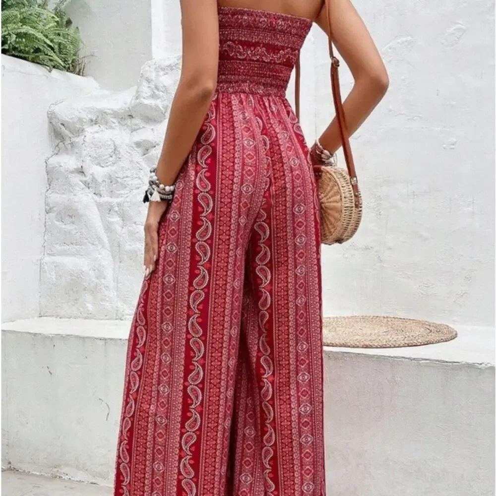 Boho Red Paisley print strapless wide leg large jumpsuit hippie resort vacation - Picture 6 of 9